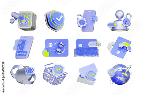 3D icon set of financial security and data protection including biometric authentication, secure bank vault surveillance, credit card freezing, and encrypted online shopping.