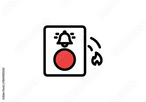 Vector Ilustration Minimalist doorbell icon with a prominent red push button and a ringing bell symbol, indicating activation.