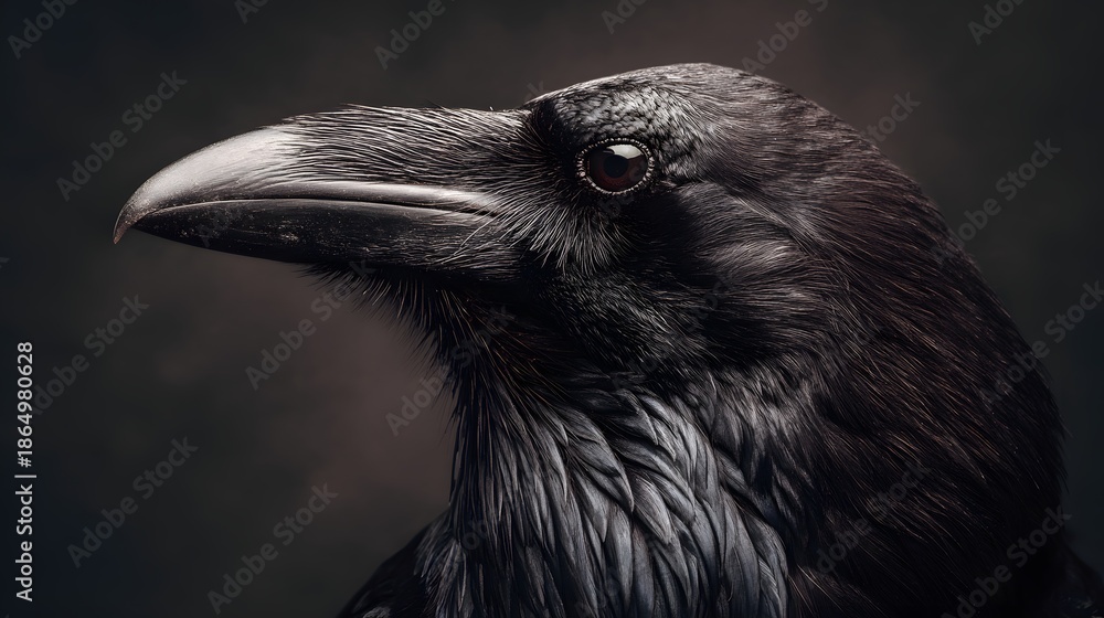 Fototapeta premium Dramatic Side Profile of a Black Raven Against Dark Background