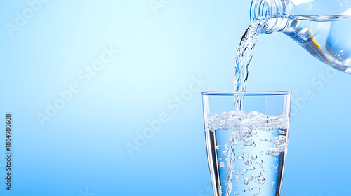 Fresh water pouring into a clear glass against a blue background