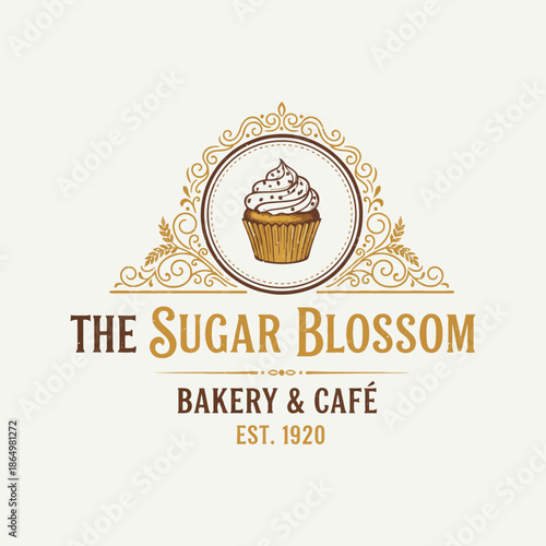 Elegant vintage logo for the sugar blossom bakery and cafe featuring a delicious cupcake