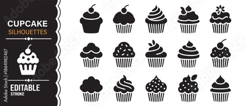 Cupcake silhouette icons set with bakery dessert designs