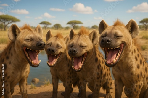 Four spotted hyenas laughing with wide open mouths and closed eyes, expressing humor and fun in an african savanna