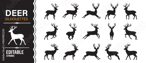 Black deer animal silhouettes editable vector illustration set