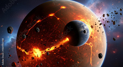 Fiery planet collision, lava flows, space rocks, and cosmic dust depict a cataclysmic event, symbolizing destruction, chaos, and the immense power of the universe
