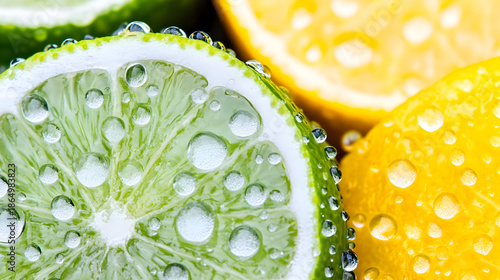 Fresh citrus fruits with water droplets on their surfaces