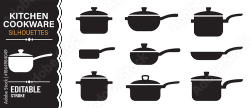 Culinary cookware icons in silhouette style isolated vector set
