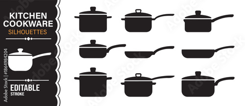 Kitchen cookware silhouette icons set with pots and pans