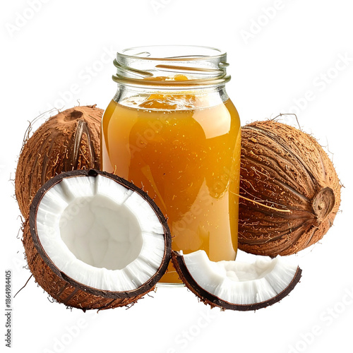 Exotic Coconut Halves and Whole Coconuts with a Jar of Vibrant Fruit Jam, Showcasing Tropical Freshness and Delicious Natural Ingredients. PNG Transparent Icon