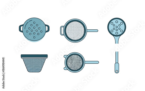 Kitchen Strainer Icon Set, Pasta Colander, and Food Sieve Minimalist Line Art Illustration