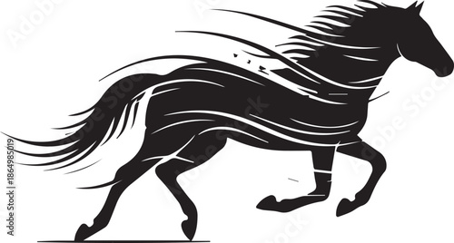 A dynamic black silhouette of a galloping horse, using stylized sweeping lines to convey high speed and fluid motion against a plain white background.
