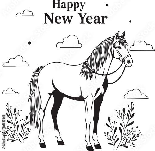 A black and white line art vector featuring a harnessed horse with "Happy New Year" text. The scene includes stylized clouds, plants, and dots for a clean, festive coloring-page aesthetic.