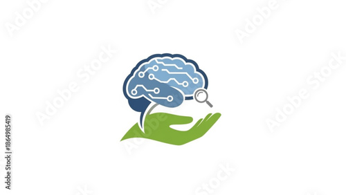 Digital brain icon with magnifying glass and hand representing artificial intelligence research and medical diagnostics vector illustration