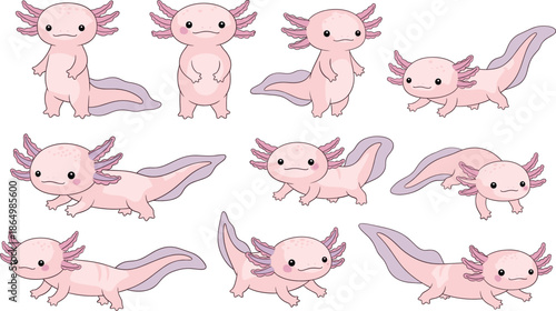 Cute Axolotl Cartoon Character Set with Different Poses and Expressions Pastel Vector Illustration Collection