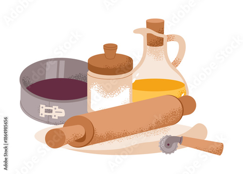 Charming baking featuring essential tools and ingredients, a rolling pin, dough, pastry cutter, oil, sugar, and a baking tin. Perfect for recipe graphics, kitchen decor, or culinary projects.