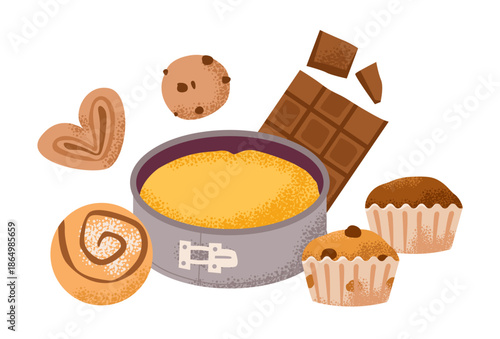 Tasty dessert featuring a baked cake in a tin, chocolate bar pieces, cookies, pastries, and muffins for a cozy baking.