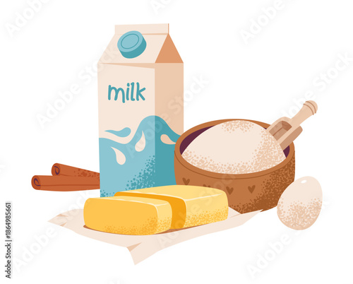 Cozy baking ingredients featuring a milk carton, butter sticks, with a scoop, cinnamon sticks, and an egg, perfect for cooking, recipe cards, or kitchen themed designs.