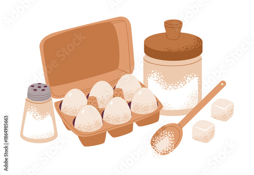A cozy baking featuring a carton of eggs, sugar, a salt or spice shaker, a wooden spoon, and sugar cubes, perfect for recipe cards, kitchen decor, and culinary designs.