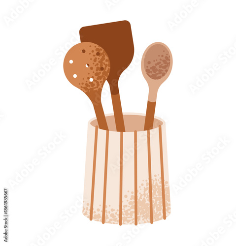 Kitchen utensil holder filled with wooden spoons and spatulas, perfect for cooking, baking themes, and cozy kitchen designs.