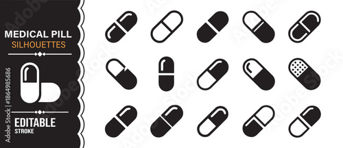Black medical capsule and tablet silhouettes isolated vector set