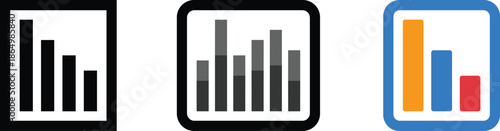 Bar chart icon set showing data analytics, statistics comparison, business metrics, dashboard reports, modern flat vector