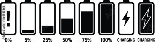 Battery charge level icon set black silhouette power status indicator charging energy vector illustration