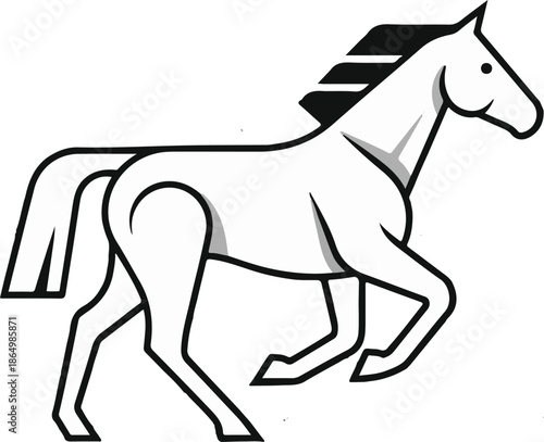 Modern minimalist vector of a galloping horse with bold black outlines and subtle grey shading. Clean, athletic design capturing power and movement, ideal for sports logos or contemporary branding.