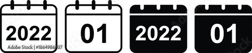 Calendar date icon 2022 January symbol planner schedule minimal outline solid UI black white variation set