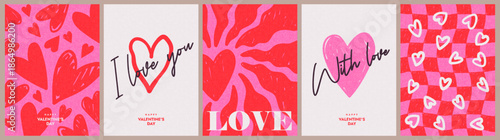 Creative concept of Happy Valentines Day cards. Modern abstract art design with hand drawn hearts and typography design. Templates for celebration, ads, branding, banner, cover, label, poster, sales.