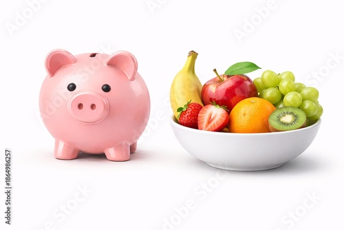 Financial Wellness Concept: Piggy Bank and Fresh Fruit Bowl for Healthy Living