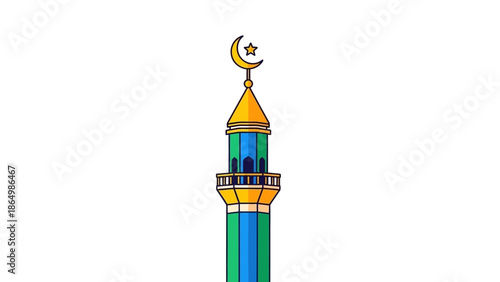 A colorful illustration of a mosque minaret with a crescent moon and star on top, set against a plain white background.