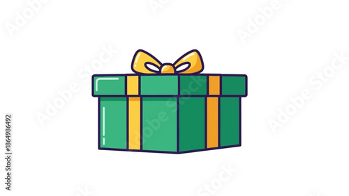 A green gift box with a yellow ribbon and bow on top, depicted in a colorful, cartoonish illustration style against a plain white background.