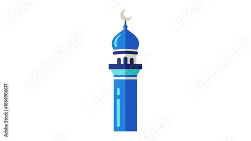 A blue illustration of a mosque with a minaret and crescent moon on top against a white background.