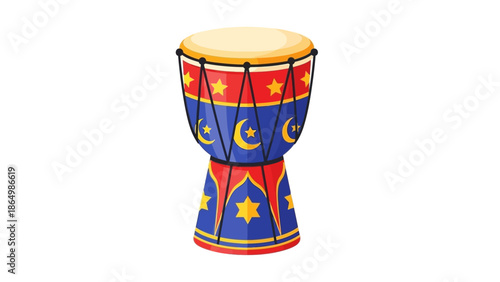 Vibrant djembe drum with colorful star and moon designs on a white background.