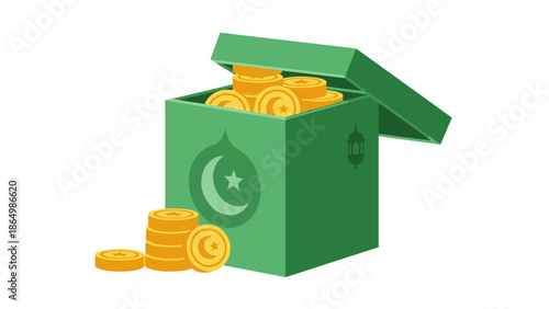 Illustration of an open green box with a Pakistani rupee symbol and gold coins spilling out on a white background.