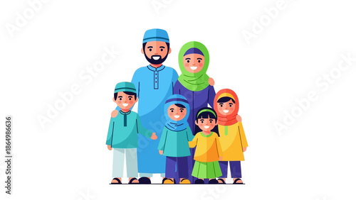 A cartoon illustration of a Muslim family of five standing together in traditional attire against a white background with a vibrant and colorful mood.