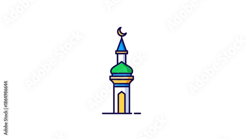 A colorful illustration of a mosque with a green dome and crescent moon on a white background in a simple line drawing style.