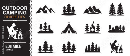 Editable camping silhouettes featuring tents trees and wilderness
