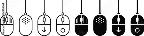 Computer mouse icon variations wired scroll click download minimal black and white outline solid vector set