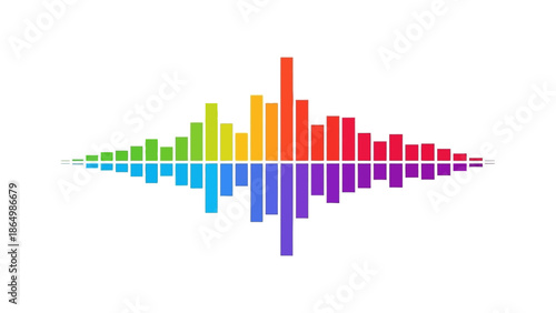 Colorful graphic illustration of a sound wave with multicolored bars on a white background.