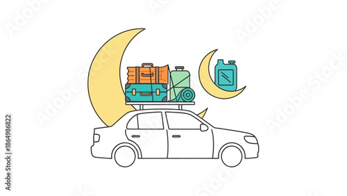 Line drawing of a car with luggage on the roof rack and two crescent moons, one yellow and one with a gas can, on a white background.