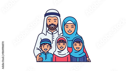 Illustration of a Middle Eastern family of four wearing traditional clothing standing together against a plain white background.