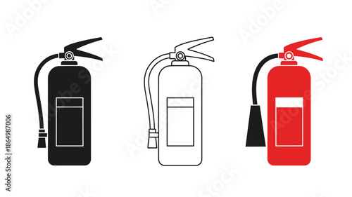 Three fire extinguishers in varying colors black white and red silhouette