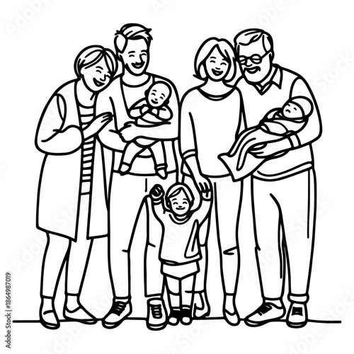 Continuous one black line art drawing happy family father and mother with child doodles style vector illustration on white