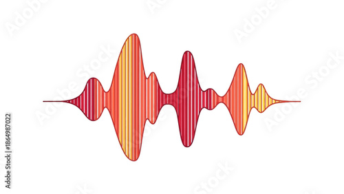 Vibrant sound wave graphic with red, orange, and yellow hues on a white background.