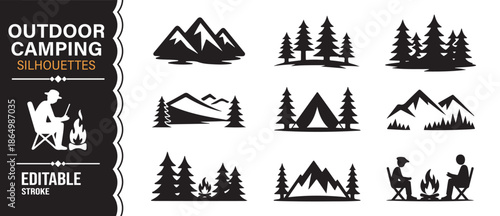 Outdoor camping silhouette icons set with tents forest and campfire