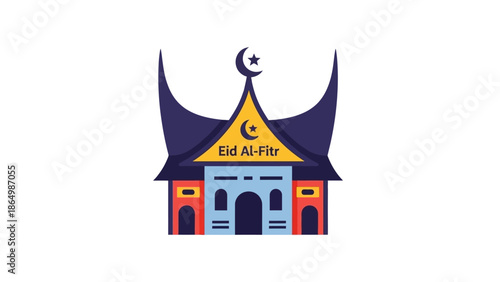Colorful illustration of a mosque with a yellow triangle and crescent moon on a white background.