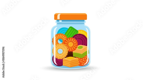 Flat lay illustration of a colorful jar filled with assorted fruits and vegetables on a white background with a playful mood.