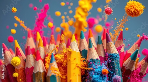 Colorful pencils stand amidst a vibrant explosion of powdered paint, creating a dynamic visual representation of artistic passion and creative energy