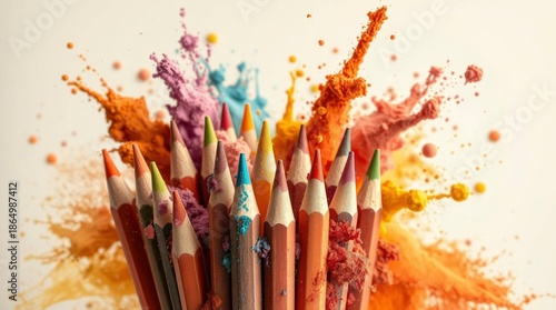 Vibrant Explosion of Color Surrounding an Array of Artistic Pencils, Capturing the Essence of Creativity and Expressive Art